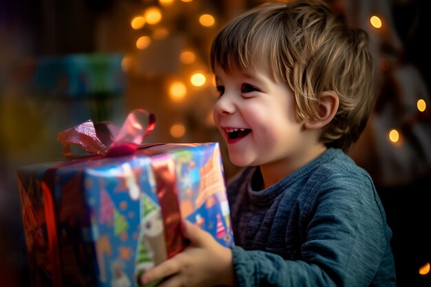 Un petit garçon ouvrant un cadeau avec un ruban rouge