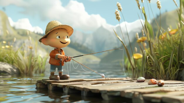 Photo un petit garçon pêche sur un quai en bois il porte un chapeau de paille et une veste brune le garçon sourit et semble excité