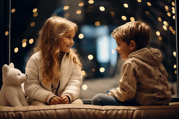 petit garçon et petite fille assis sur le canapé et communiquent sur un fond festif du Nouvel An