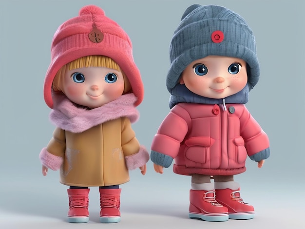 Petit garçon et petite fille mignons en vêtements d'hiver rendu en 3D