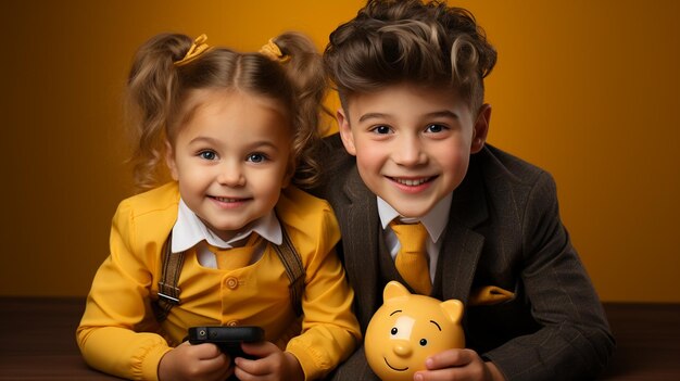 Photo un petit garçon et une petite fille en uniforme noir avec une caisse à porcs.