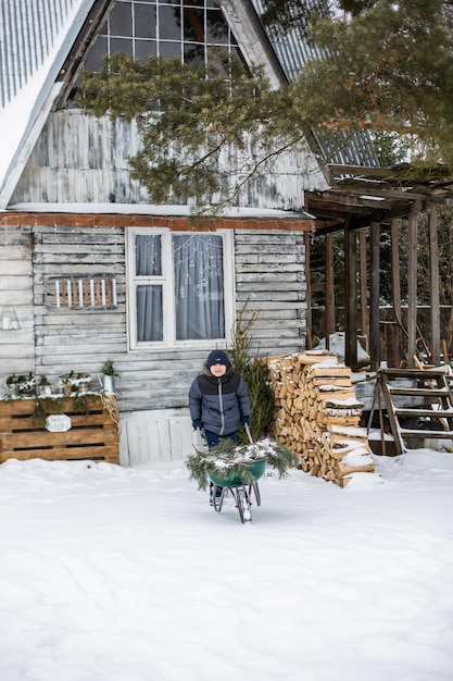 Un petit garçon porte un arbre de Noël sur un traîneau jusqu'à la maison