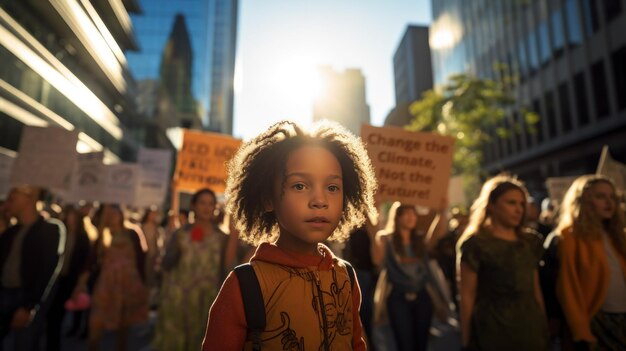 Un petit garçon pose devant une foule qui proteste contre le changement climatique