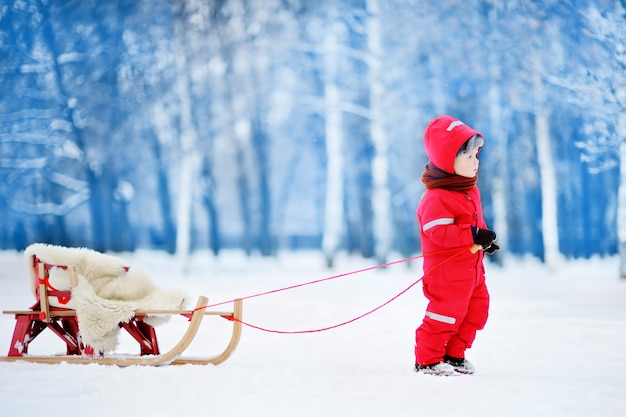 Petit garçon profitant d&#39;une promenade en traîneau. Enfant en traîneau. Enfant en bas âge sur une luge. Les enfants jouent dehors dans la neige. Enfants traîneau à winter park. Amusement actif en plein air pour des vacances en famille.