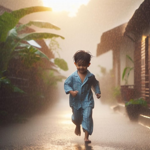 Un petit garçon qui court en pyjama dans la rue sous la pluie d'une IA générative.