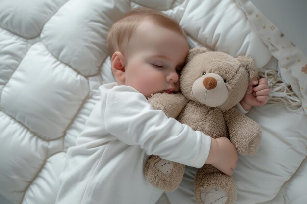 Un petit garçon qui dort sur un matelas blanc tout en étreignant un ours en peluche.