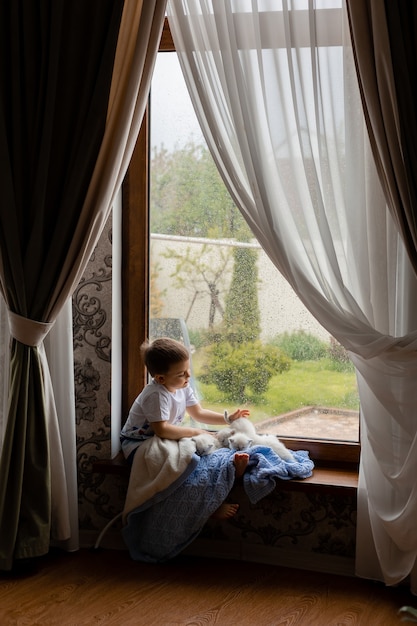 Un petit garçon recouvert d'une couverture tricotée bleue est assis sur le rebord de la fenêtre avec des chatons blancs moelleux