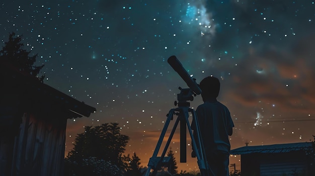 Photo le petit garçon regarde les étoiles à travers un télescope le garçon est debout sur une colline entouré d'arbres le ciel est sombre et plein d'étoiles