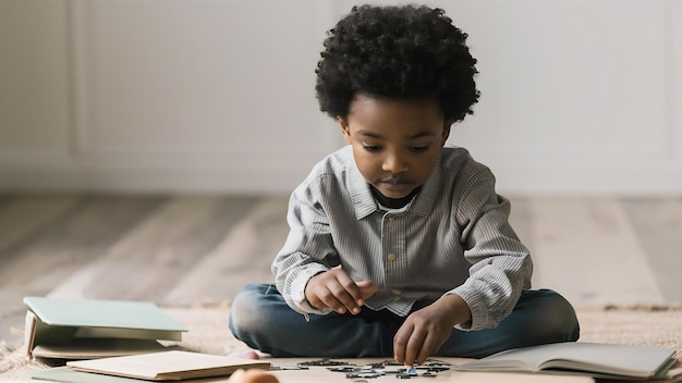 Photo le petit garçon résout la tâche.