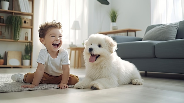 Un petit garçon riant alors qu'il joue à chercher avec son chiot de race mixte dans un salon minimaliste lumineux