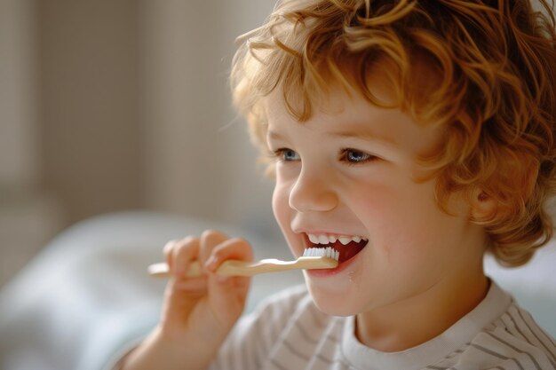 Le petit garçon se brosse les dents de près.