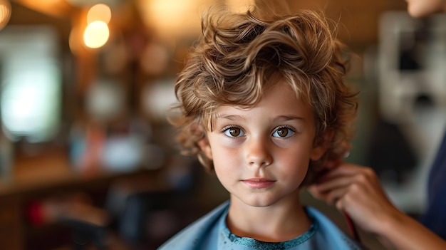 Un petit garçon se faisant couper les cheveux dans un salon avec un grand espace de copie IA générative