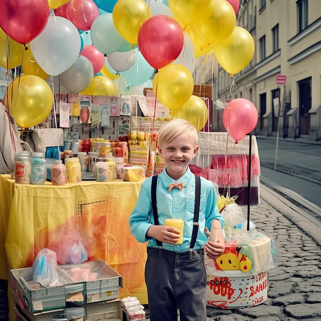 Un petit garçon se tient devant une table avec des ballons et un panneau qui dit Joyeux anniversaire.