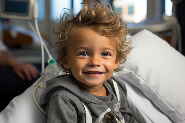 Petit garçon souriant assis dans un lit d'hôpital