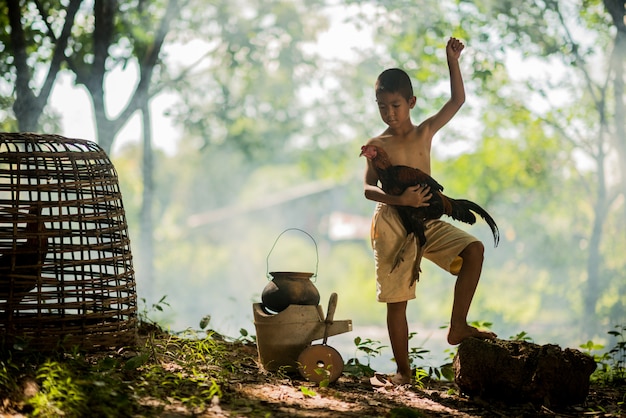 Photo petit garçon souriant et coq sur la forêt verte dans la campagne