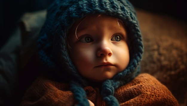 Un petit garçon souriant dans des vêtements d'hiver chauds regarde la caméra générée par l'IA