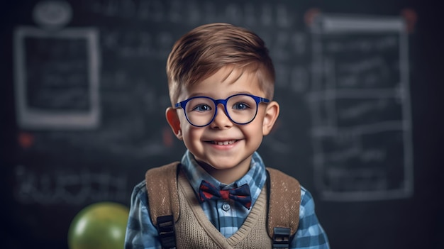 Petit garçon souriant debout contre un tableau noir d'écoleCréé avec la technologie Generative AI