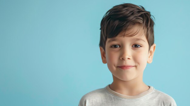 Petit garçon souriant sur un fond bleu Le garçon porte une chemise blanche et a les cheveux et les yeux bruns Il regarde la caméra et sourit