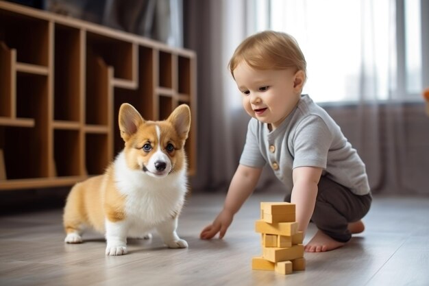 un petit garçon souriant jouant sur le sol avec un chiot corgi des amis heureux