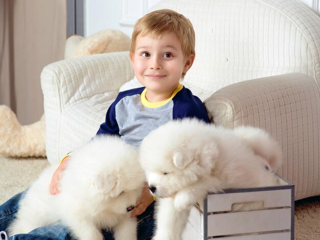 petit garçon souriant de trois ans jouant avec des chiots blancs de Samoyède en studio