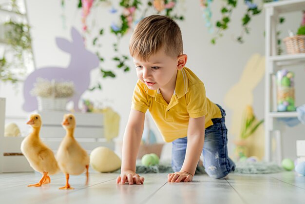 Un petit garçon suit des canetons moelleux dans la décoration de pâques pâques pour les enfants joyeuses pâques