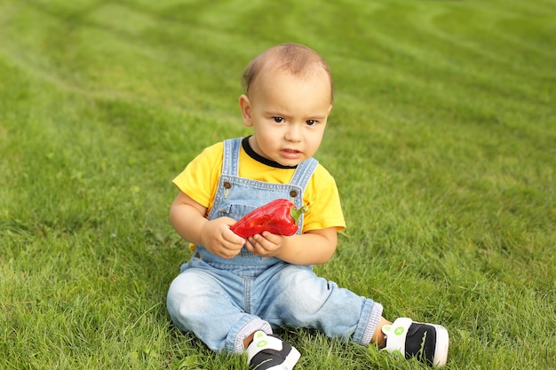 un petit garçon en T-shirt jaune est debout sur la pelouse du parc tenant un poivron rouge