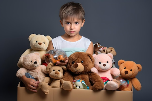 Un petit garçon tenant une boîte pleine d'ours en peluche AI générative
