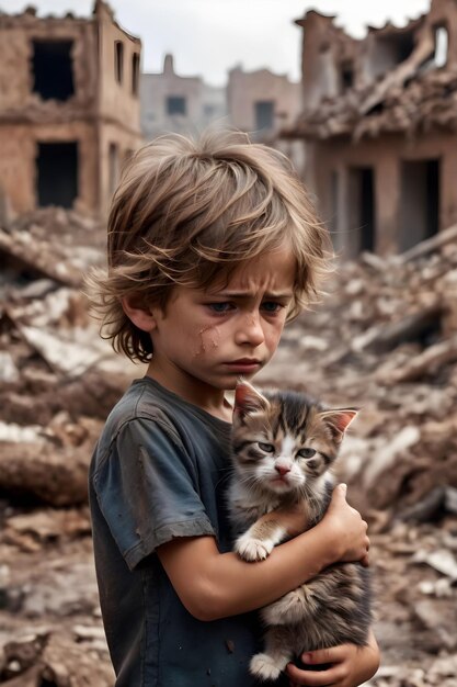 petit garçon tenant un chaton dans ses bras dans les ruines d'une maison détruite
