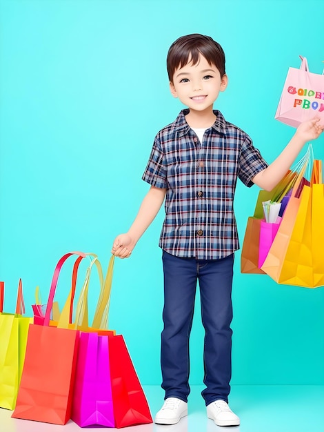 Petit garçon tenant des sacs à provisions sur fond coloré Shopping le vendredi noir AI Generate