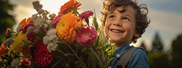 Photo le petit garçon tient un bouquet de fleurs dans ses mains.