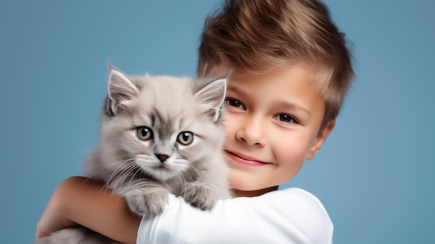 Un petit garçon tient un chaton dans ses bras sur un fond bleu