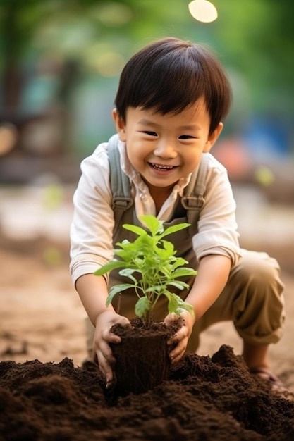 un petit garçon tient une plante dans ses mains