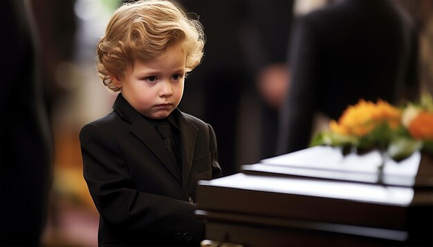 Photo petit garçon triste debout devant un cercueil décoré de fleurs pour les funérailles enfant au cimetière