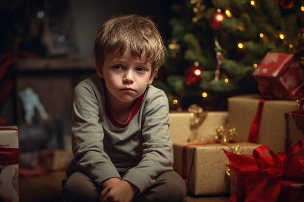 Un petit garçon triste et sérieux est assis devant un arbre de Noël