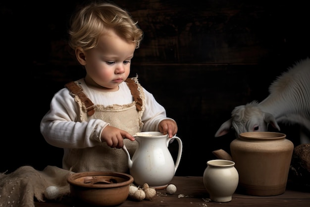 Un petit garçon de trois ans avec un pot de lait sur fond de chèvre blanche