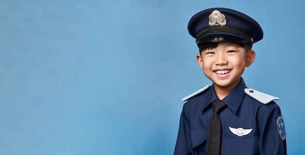 Un petit garçon en uniforme de police se tient devant un fond bleu