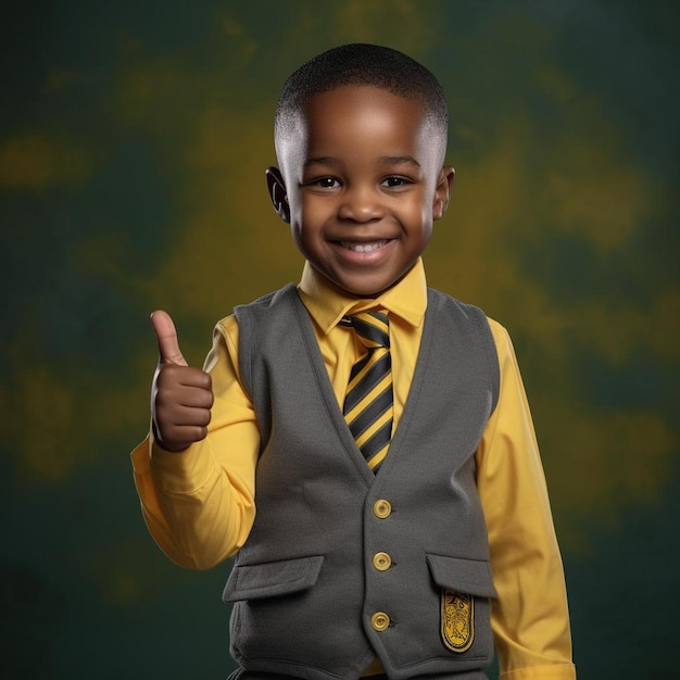 Un petit garçon vêtu d'une chemise et d'une cravate jaunes avec une chemise jaune qui dit " pouce en l'air ".