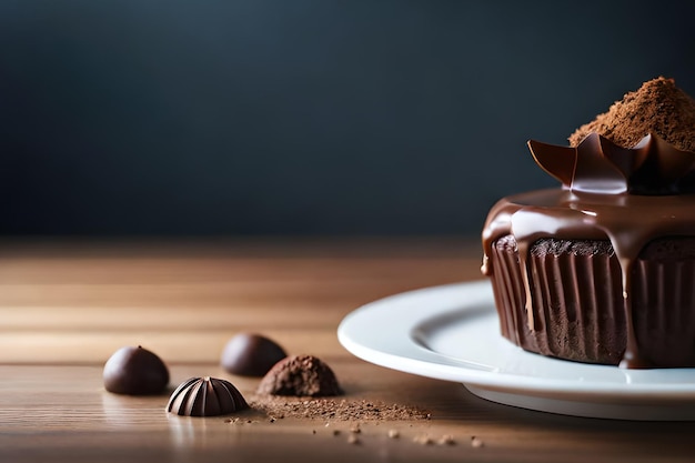 Un petit gâteau au chocolat avec des chocolats sur une table en bois.