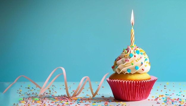 Un petit gâteau avec une bougie allumée est à côté d'une pincée de confettis.