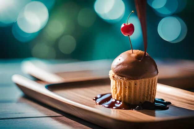 Un petit gâteau avec une cerise sur le dessus est servi sur un plateau en bois.