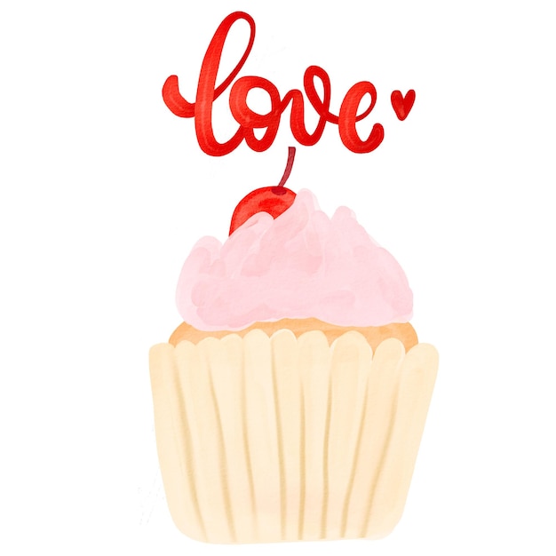 Petit gâteau à la cerise. Soyez ma phrase. Aquarelle de la Saint-Valentin. Illustration aquarelle dessinée à la main