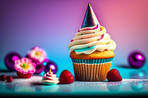 Un petit gâteau avec un fond arc-en-ciel coloré