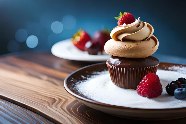 Un petit gâteau avec un glaçage au chocolat et une fraise sur le dessus