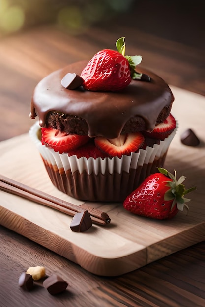 Un petit gâteau avec un glaçage au chocolat et des fraises sur le dessus