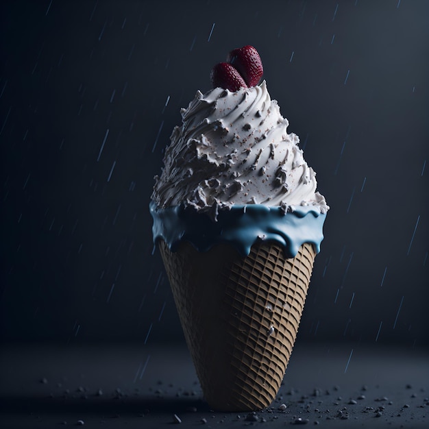 Un petit gâteau avec un glaçage blanc et une baie rouge sur le dessus.