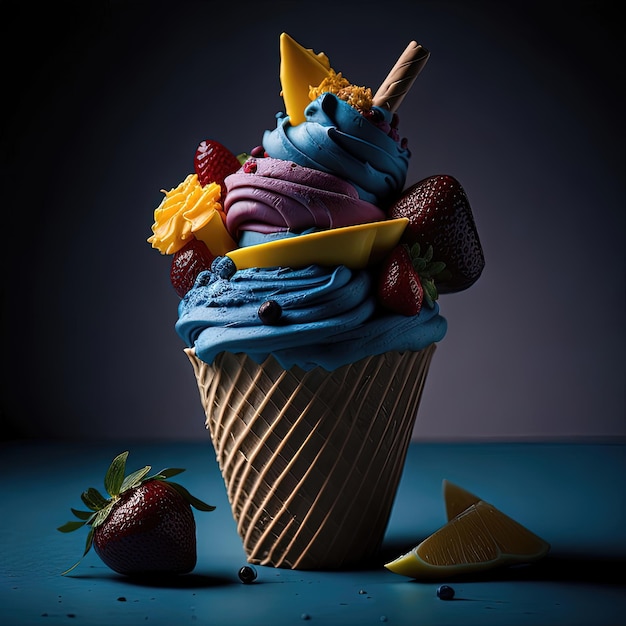 Un petit gâteau avec un glaçage bleu et des fraises sur le dessus