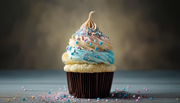 Un petit gâteau avec un glaçage bleu et rose est posé sur une table.