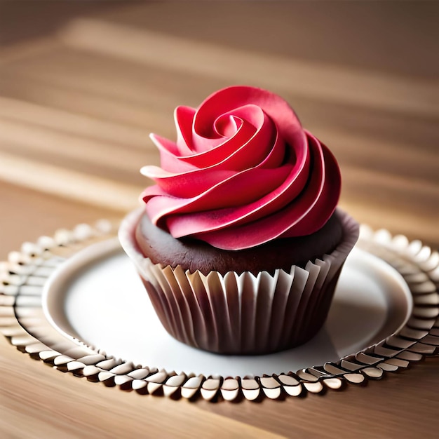 Un petit gâteau avec glaçage rouge sur une assiette avec une table en bois