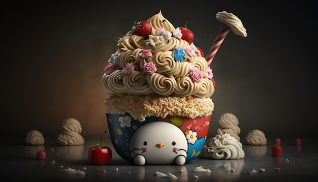 Un petit gâteau avec un personnage de dessin animé qui dit bonjour kitty dessus.