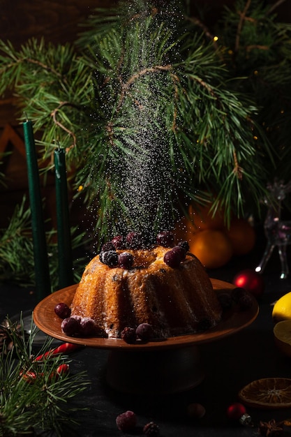 Un petit gâteau rond sur fond sombre est saupoudré de sucre en poudre sur le dessus